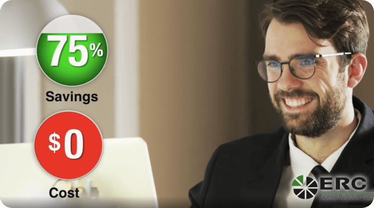 photo of smiling man in black jacket with a 75% savings icon and $0 cost icon